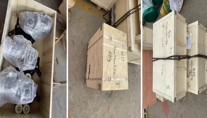 kbk workstation crane parts and components packaged for delivery to Switzerland