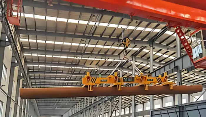 general use overhead crane with magnetic spreader for steel pipes handling. 