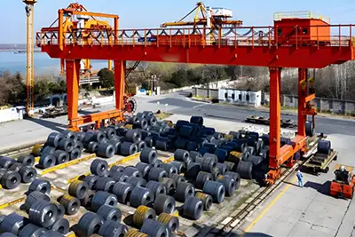 rail mounted gantry crane for steel coil handling in outdoor yard