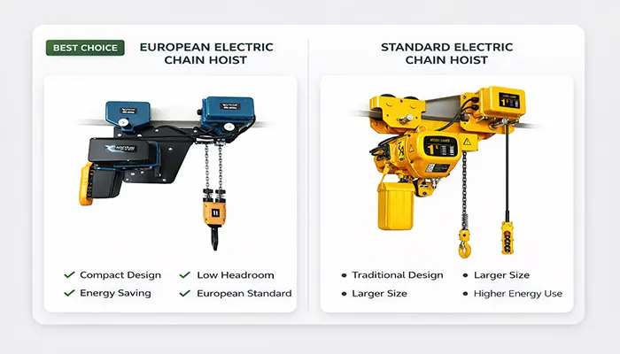 European style low headroom electric chain hoist vs the Traditional typ