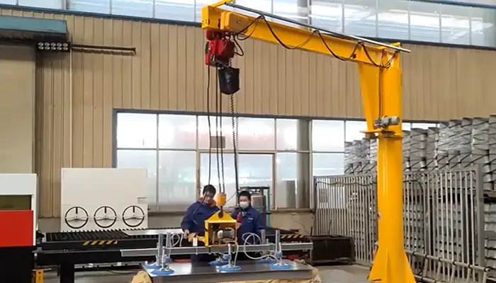 screenshot of the video on freestanding jib crane with vacum lifter for steel sheet handling 