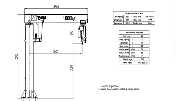 Yuantai Crane BZ 1t Pillar Jib Crane Drawing (Valid Radius 3.0m, Lifting Height 2.5m, ISO A3)
