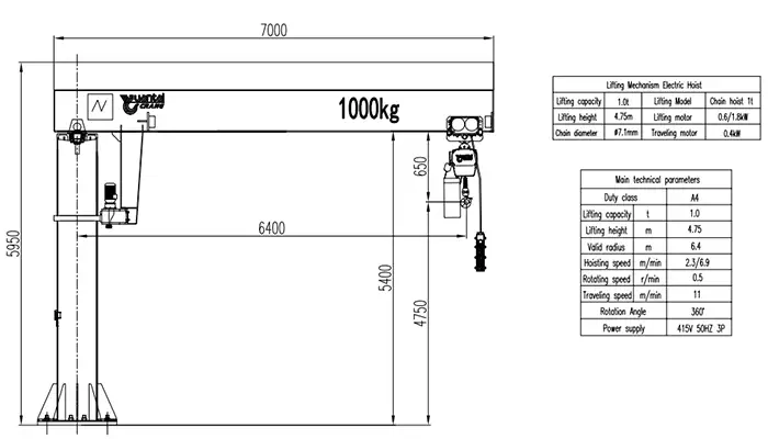 Yuantai Crane BZ 1t Pillar Jib Crane Drawing (Valid Radius 6.4m, Lifting Height 4.75m, ISO A4)