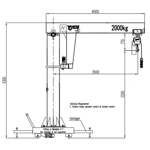 2T Mobile Trackless Pillar Jib Crane Drawing | 3.5m Radius, ISO A5