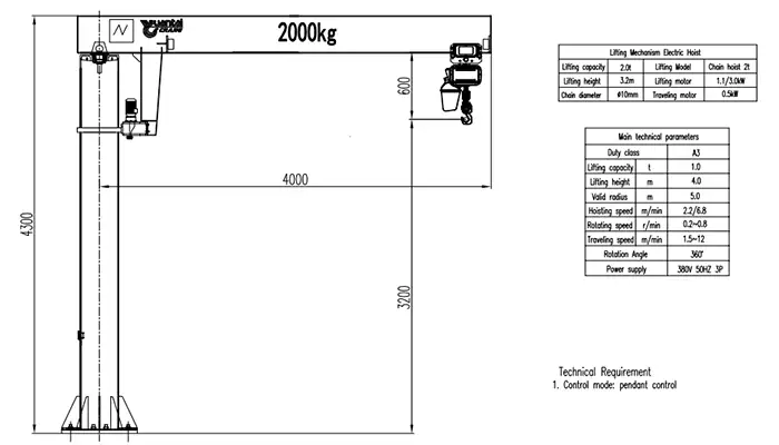 2 Ton Pillar Jib Crane Valid Radius 4.0m (Center to Arm End), Total Height 4.3m, Lifting Height 3.2m, Hoist Headroom 600mm