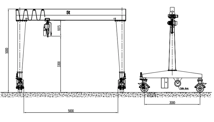  RTG5t-5m A5/A3, Drawing No.: RTG5-5 A5, Inner Span: 5.0m, Total Height: 5.0m, Wheel Base: 3.0m, Rated Capacity: 5