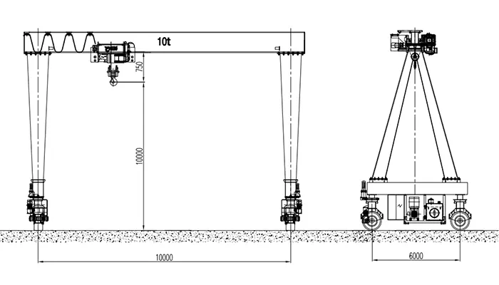RTG 10t-10m-10m A5 NR Gantry Crane Drawing &amp; Specs | 10t, 10m Lift, 10m Span