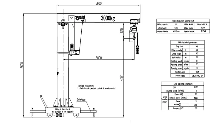 BZ Mobile Pillar Jib Crane Drawing 3 Ton (5m Radius, 4m Lifting Height)