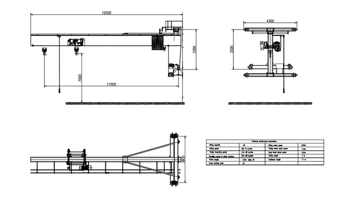 10 Ton Wall Traveling Jib Crane Drawing 11m Cantilever 7m Lift (ISO A7, 575V 60Hz 3P)