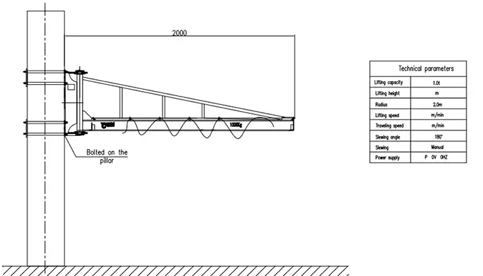 BX Wall Jib Crane Drawing 1 Ton Manual 180 Degree No Hoist Pull Rod Support