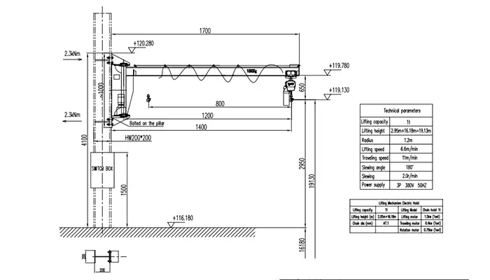 BX Explosion-Proof Jib Crane Drawing 1 Ton (ExdIICT4, 1.4m Radius, 19.13m Height)