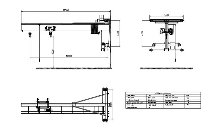10 Ton Wall Traveling Jib Crane Drawing 10m Cantilever 5m Lift (ISO A5, 575V 60Hz 3P)