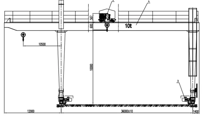 YT-MGO 10t Double Girder Gantry Crane Drawing 36m Span with 12m Left Cantilever (A6 Duty)