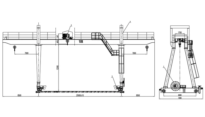 YT-MGO 10t Double Girder Gantry Crane Drawing 25m Span with Dual 8.5m Cantilevers (12.5m Lift)
