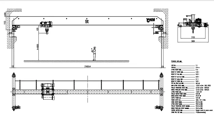 YT-HD 5t Single Girder Overhead Crane Drawing 21.6m Span (FEM 3m/A6, 32m/min Travel)