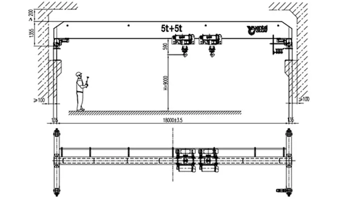 5t+5t YT-HD Single Girder Overhead Crane with Dual Hoists, Full VFD and Anti-Sway Function