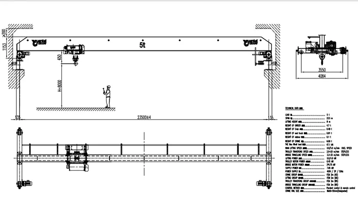 YT-HD 5t Single Girder Overhead Crane Drawing 23.5m Span (FEM 2m/A5, 32m/min Travel)