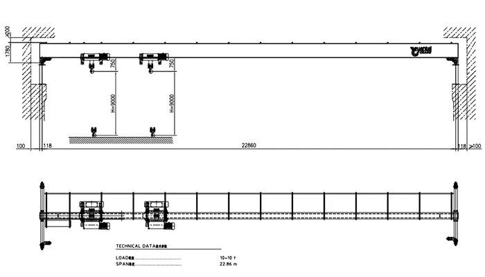 YT-HD 10t+10t Twin Hoist Single Girder Overhead Crane Drawing 22.86m Span (FEM 2m/A5, P30 Rail)