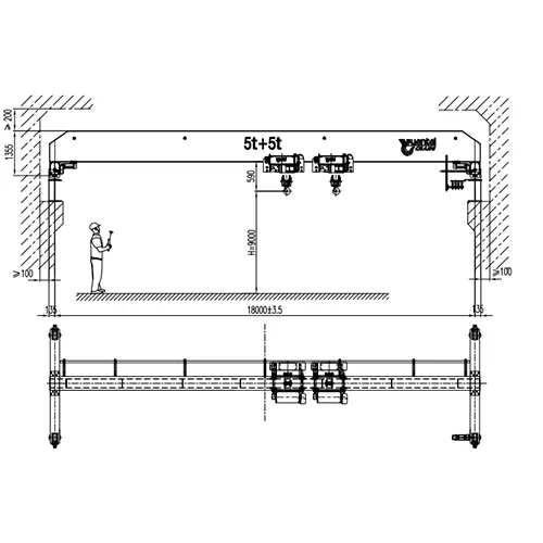 Single Girder Overhead Crane with Duel Hoist 5t+5t 18m 9m