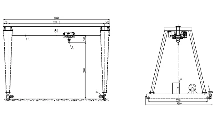 5 Ton European Single Girder Gantry Crane Drawing 8m Span 5m Lift (ISO A5, 480V 60Hz 3P)
