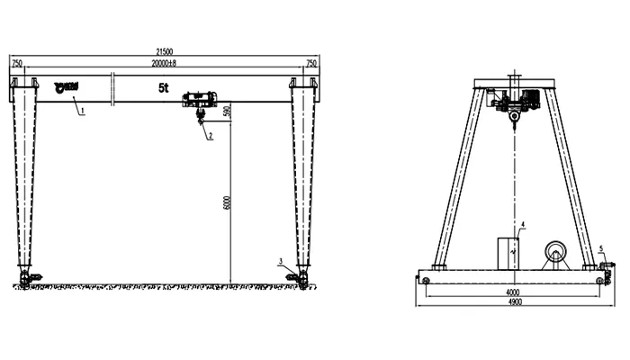 Long Travel Gantry Crane 5 Ton S20m H6m 70m Runway Drawing Wide Span (ISO A5, 380V 50Hz 3P)