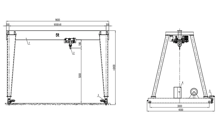 5 Ton Low Headroom Single Girder Gantry Crane Drawing 9m Span 5m Lift Total Height 6.4m (ISO A5, 380V 50Hz 3P)