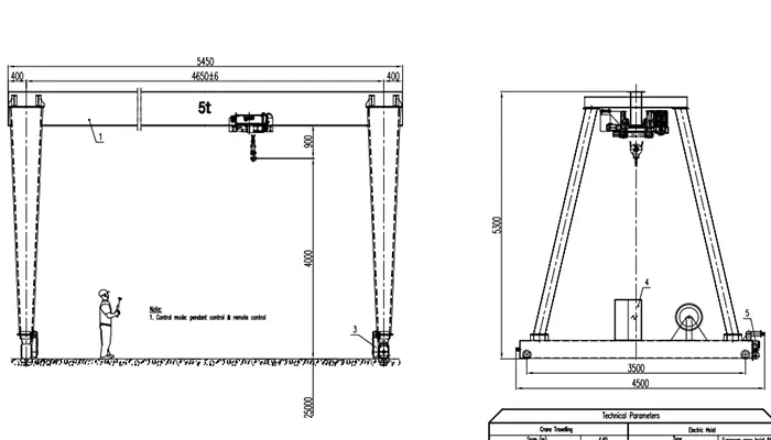5 Ton European Single Girder Gantry Crane Drawing 4.65m Span 29m Lift (ISO A5, 440V 60Hz 3P)