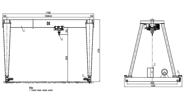 Custom Dimension Indoor Gantry Crane 5 Ton S10.58m H3.658m Drawing Compact Indoor Gantry Crane (ISO A5, 460V 60Hz 3P)