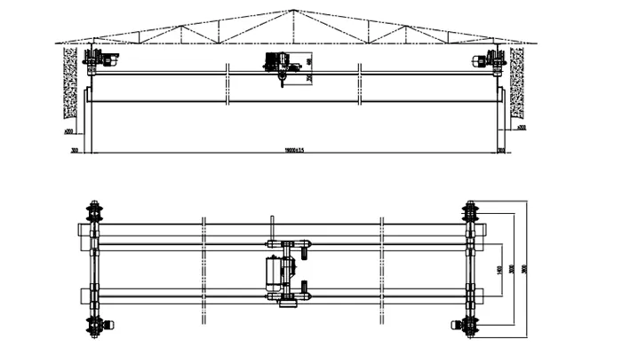 Double Girder Underhung Crane 3 Ton S19m H7m M5 Double Girder Underslung Crane with Crab Trolley Hoist VFD 40.2 kN Wheel Load 350~1500mm Rail 380V 50Hz